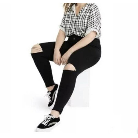 MADEWELL | HIGH RISE BUTTON FLY JEGGINGS BLACK DENIM JEAN RAW HEM PLUS SIZE 37 - Picture 1 of 17